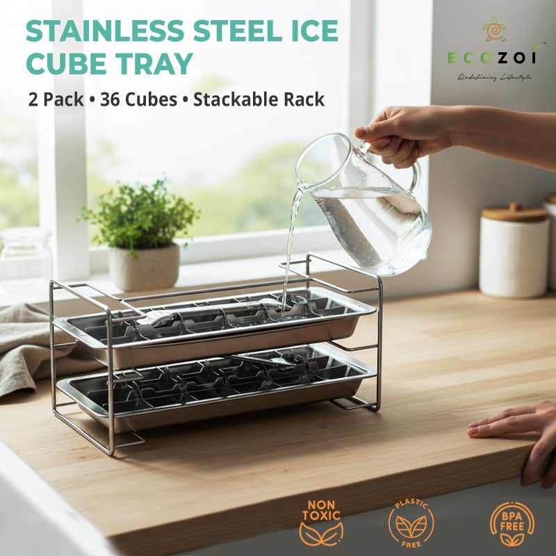 Ecozoi Stainless Steel Ice Cube Tray - 2 Pack of 18-Slot Metal Ice Cube Trays with Easy Release Lever - Plastic-Free, Eco-Friendly, Stackable Retro Vintage Ice Trays for Bars & Kitchens - Image 2